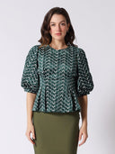 Flower Embroidered Puff Sleeve Peplum Style Blouse TOP Gracia Fashion GREEN S 
