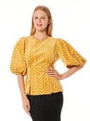 Flower Embroidered Puff Sleeve Peplum Style Blouse TOP Gracia Fashion MUSTARD S 
