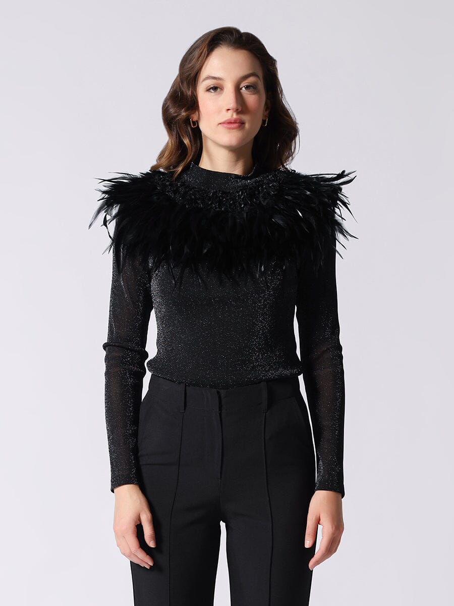 Front Feather Detail Long Sleeve Top TOP Gracia Fashion BLACK S 