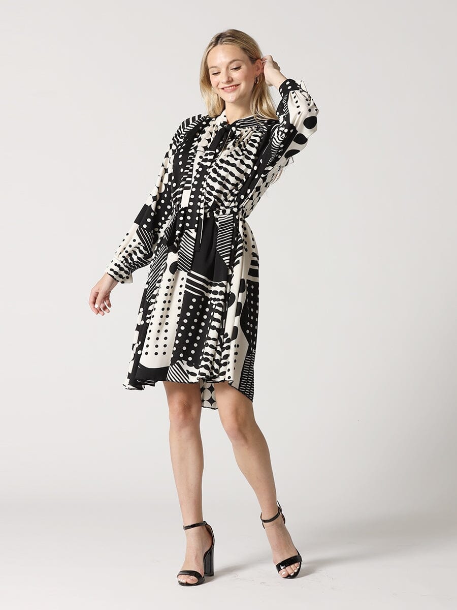 Geometric Pattern Neck Bow Midi Flare Dress DRESS Gracia Fashion BLACK/WHITE S 