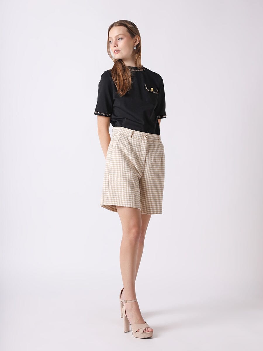 Houndstooth Pattern Half Length Short Pants PANTS Gracia Fashion BEIGE S 
