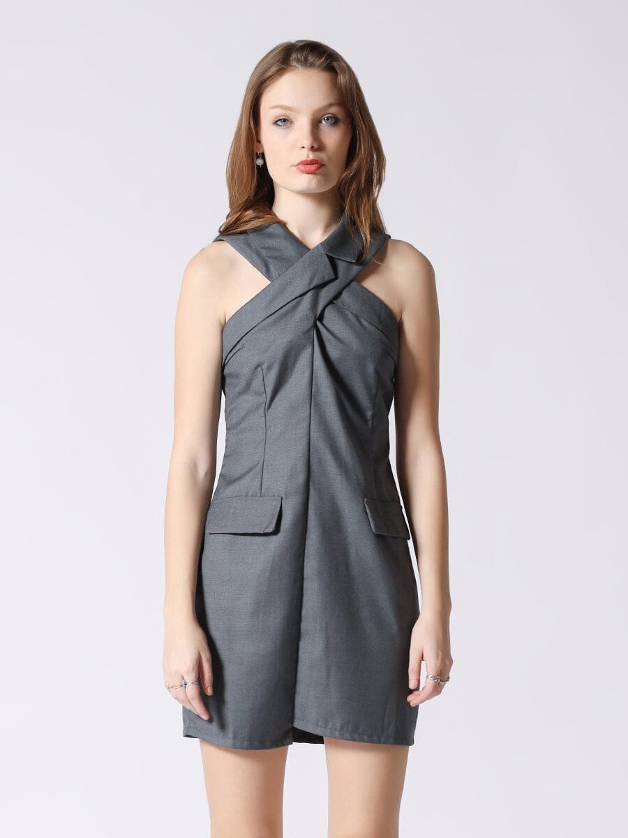 Jacket Style Criss-Cross Halter Neck Mini Dress DRESS Gracia Fashion 