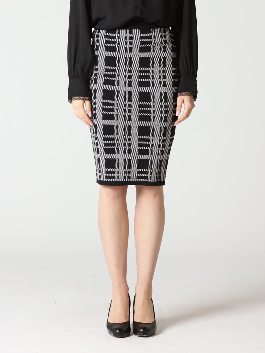 Knit Checked Pattern Bodycon Midi Skirt SET Gracia Fashion BLACK S 