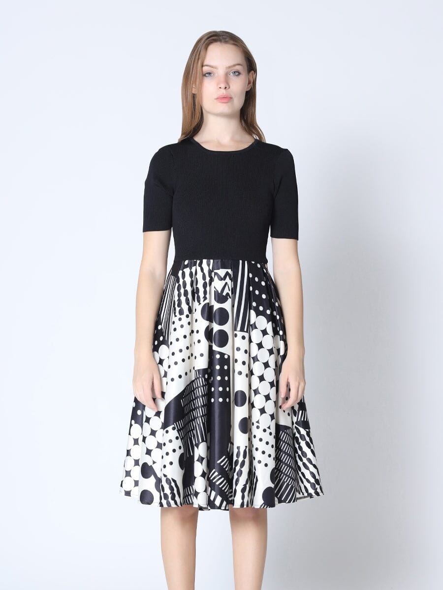 Knitted Top with A-line Flare Skirt Dress DRESS Gracia Fashion BLACK/WHITE S 