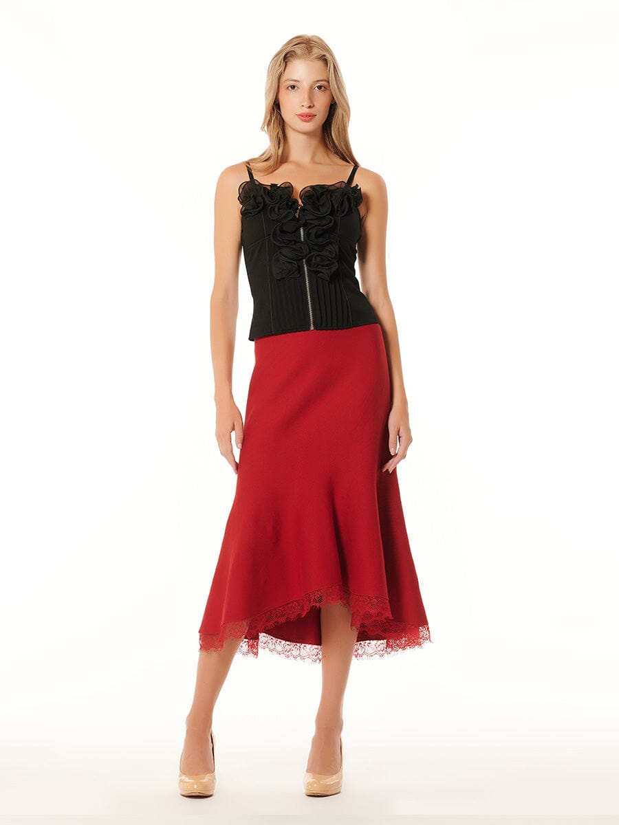Lace Hem Bodycon Midi Solid Mermaid Skirt SKIRT Gracia Fashion RED S 