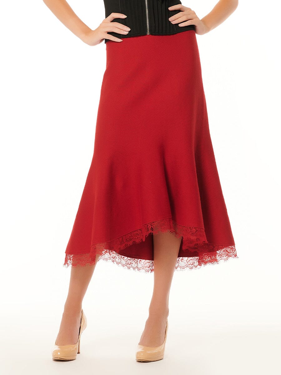 Lace Hem Bodycon Midi Solid Mermaid Skirt SKIRT Gracia Fashion RED S 