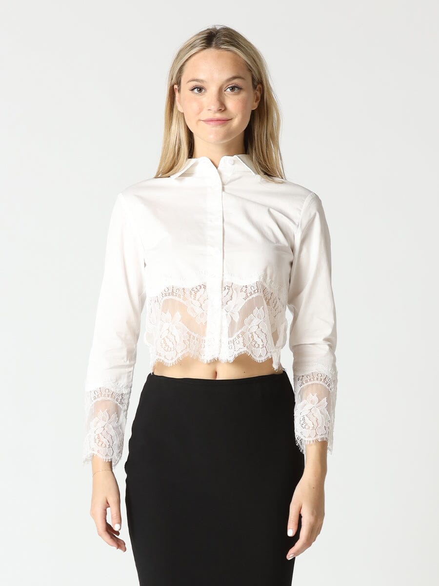 Lace Hem Button Down Shirt TOP Gracia Fashion WHITE S 