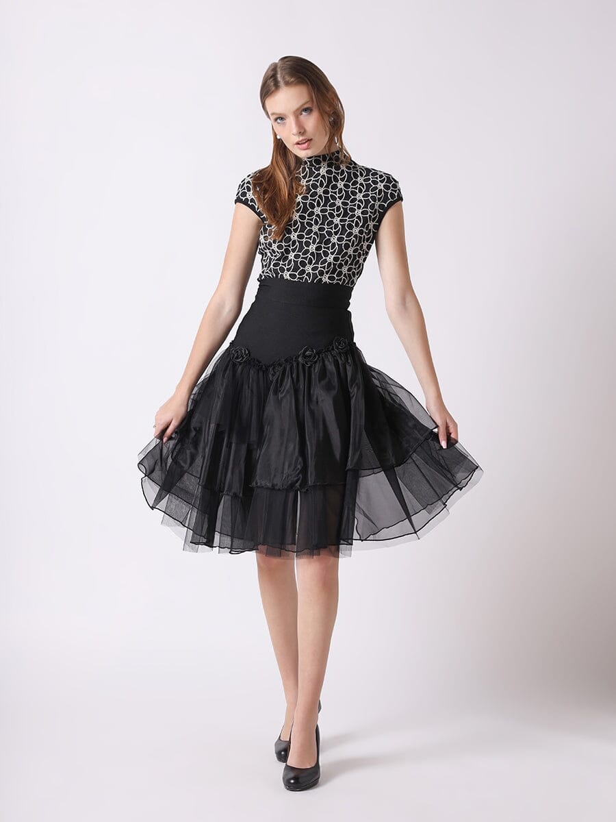 Layered Organza Rose Embroidered Tight Waist Skirt SKIRT Gracia Fashion BLACK S 