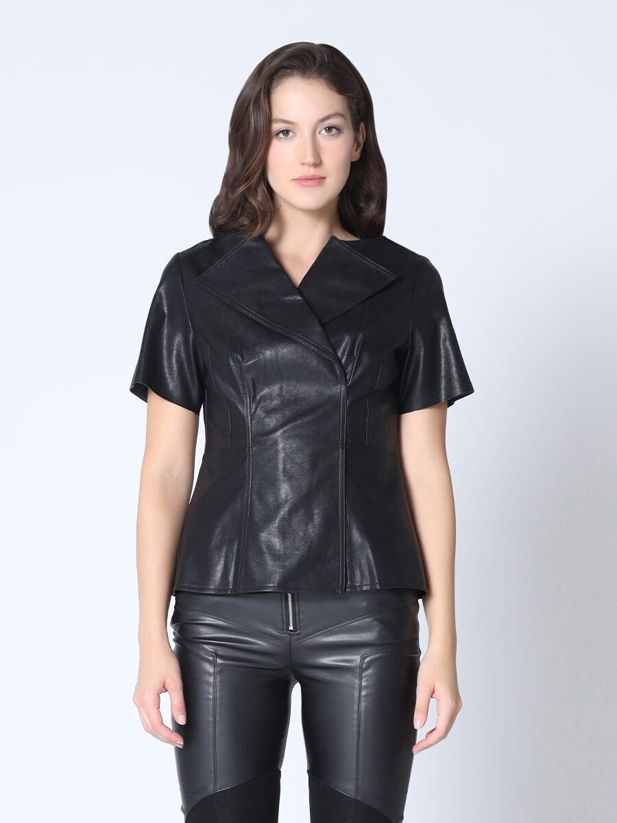 Leather Pin Tuck Detail Top TOP Gracia Fashion BLACK S 