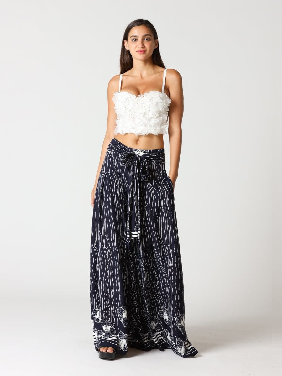 Lines and Flower Print Flare Pants with Waist Bow PANTS Gracia Fashion NAVY S 