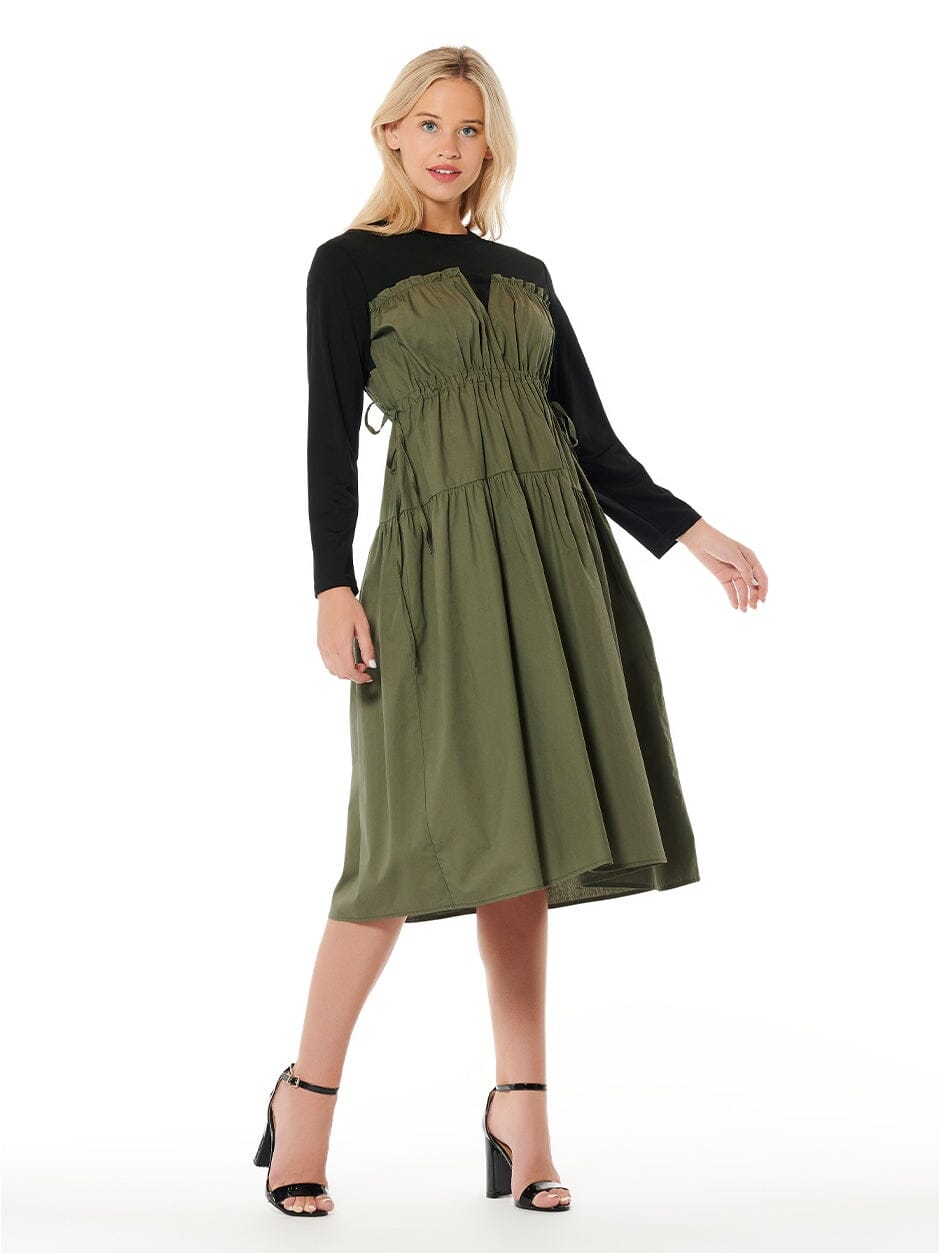 Long Sleeve Two Material Smocked Gathered Dress DRESS Gracia Fashion OLIVE S 