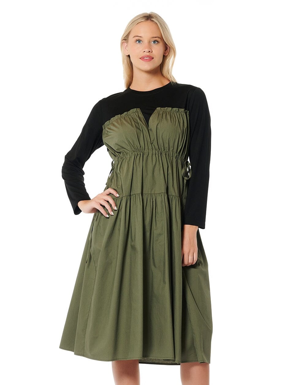 Long Sleeve Two Material Smocked Gathered Dress DRESS Gracia Fashion OLIVE S 