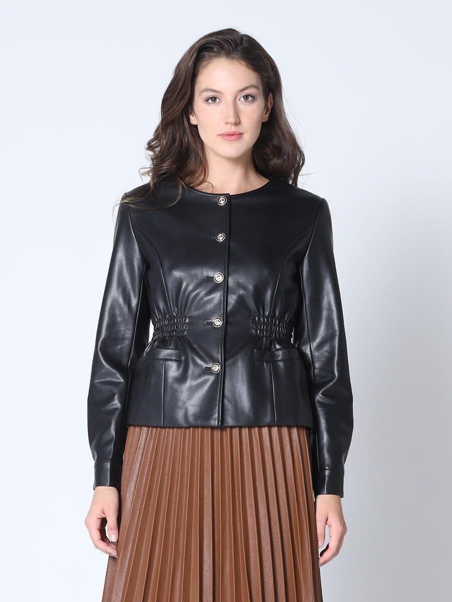 No-Collar Waist Smocking Leather Jacket JACKET Gracia Fashion BLACK S 
