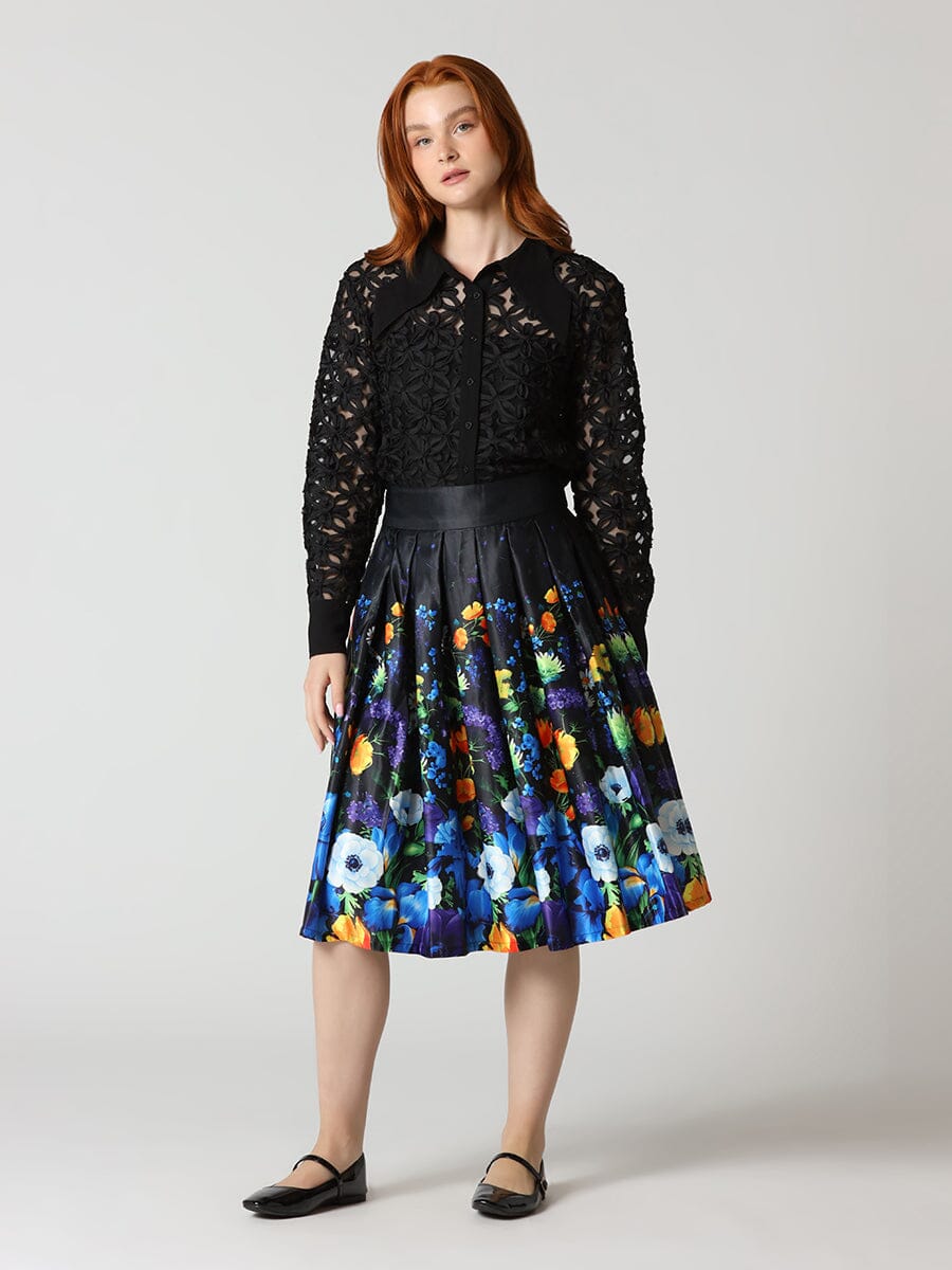 Pleated Flower Print Midi A-Line Skirt SKIRT Gracia Fashion BLUE S 