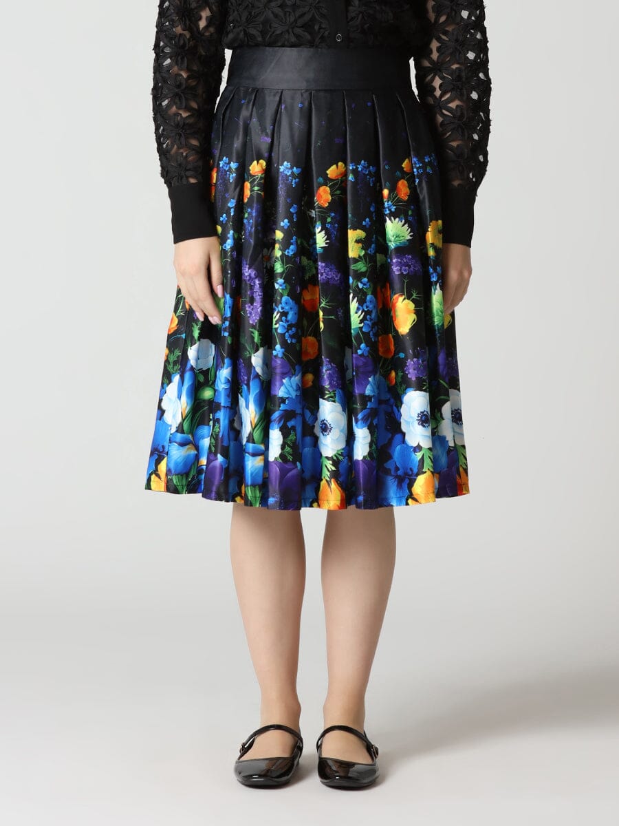 Pleated Flower Print Midi A-Line Skirt SKIRT Gracia Fashion BLUE S 