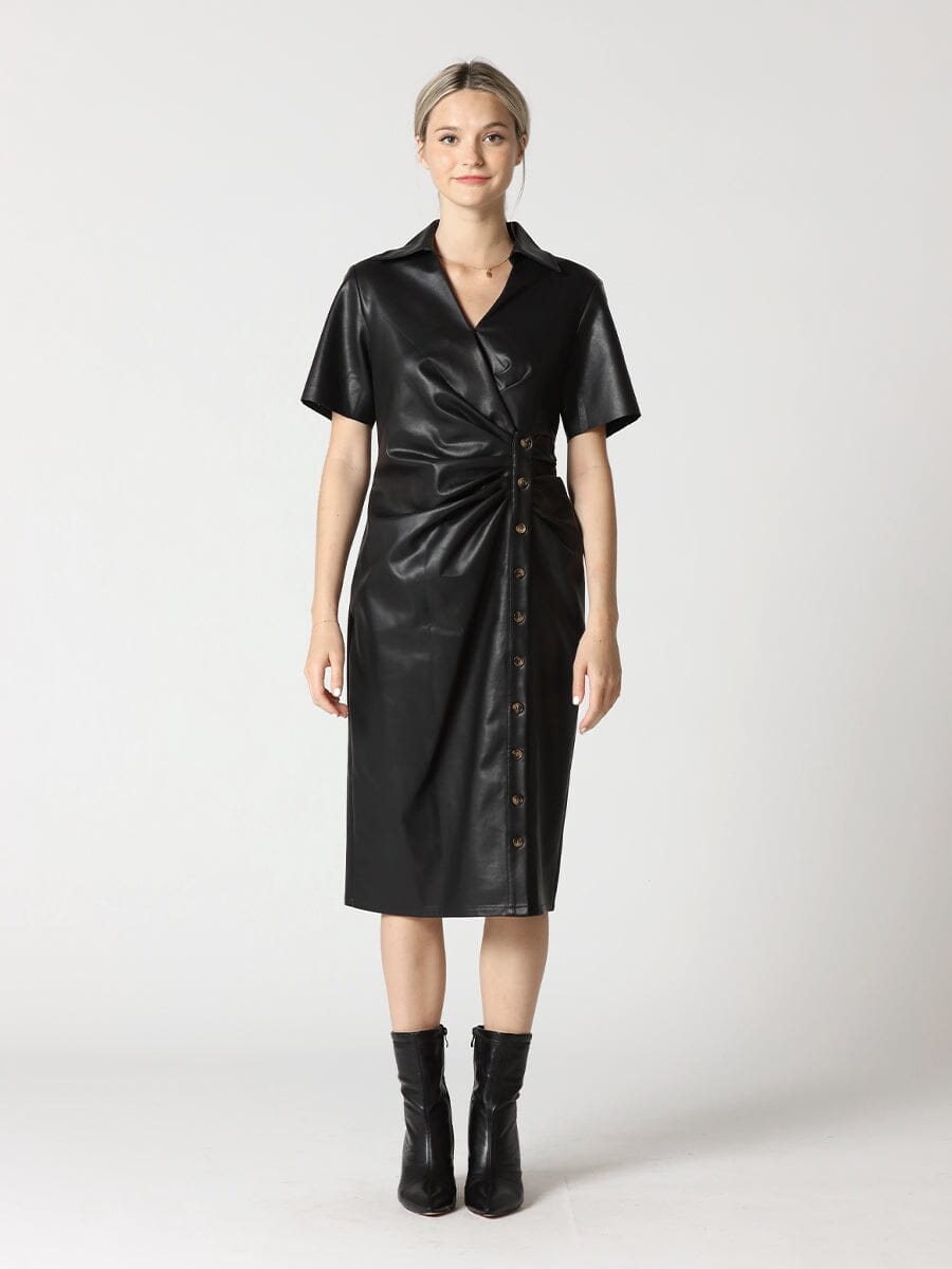 Pleather Short Sleeve Midi Dress DRESS Gracia Fashion BLACK S 