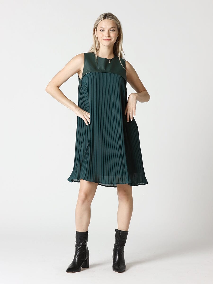 Pleather-Spliced Sleeveless Pleated Yoke Dress DRESS Gracia Fashion GREEN S 