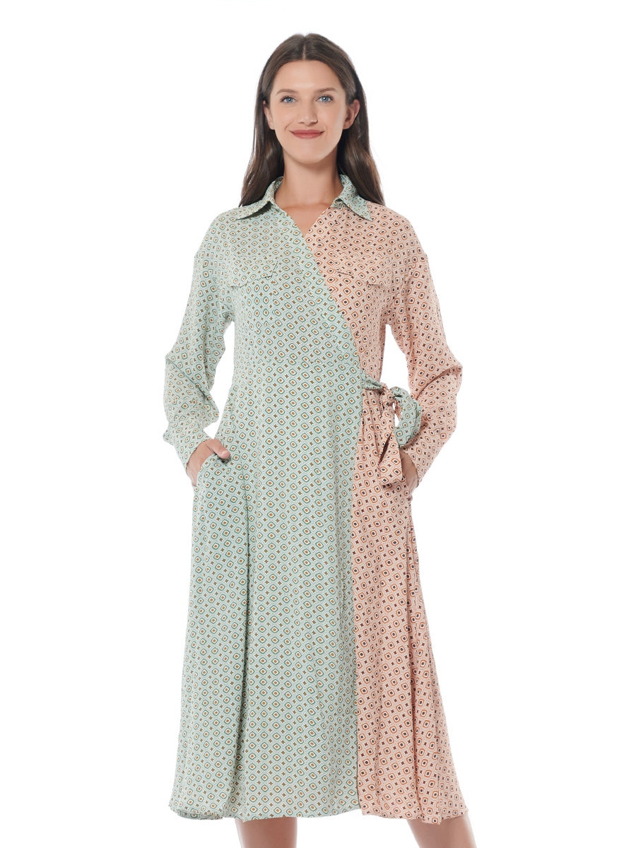 Printed Colorblock Flap Pocket Collared Wrap Dress DRESS Gracia Fashion ORANGE S 
