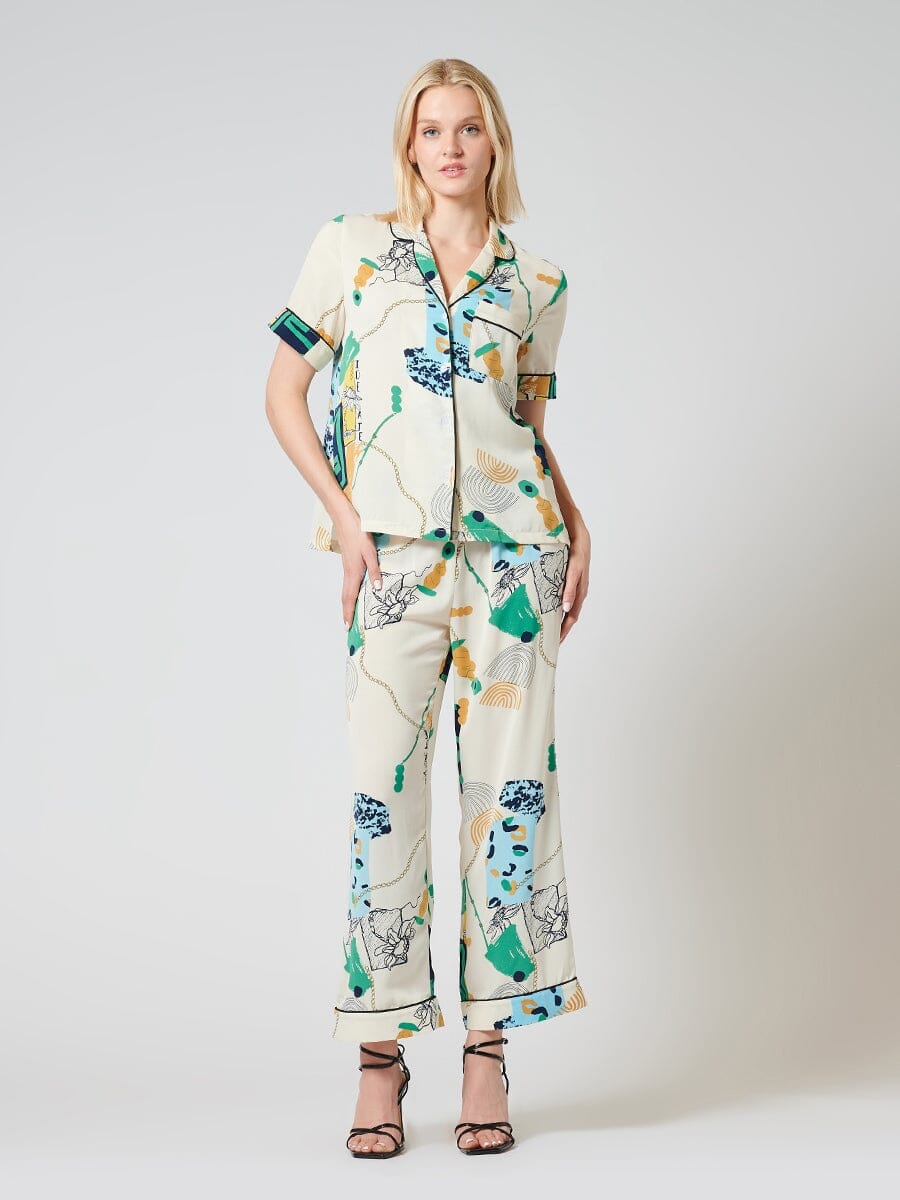 Printed Short Sleeves Pajama Top SET Gracia Fashion BEIGE S 