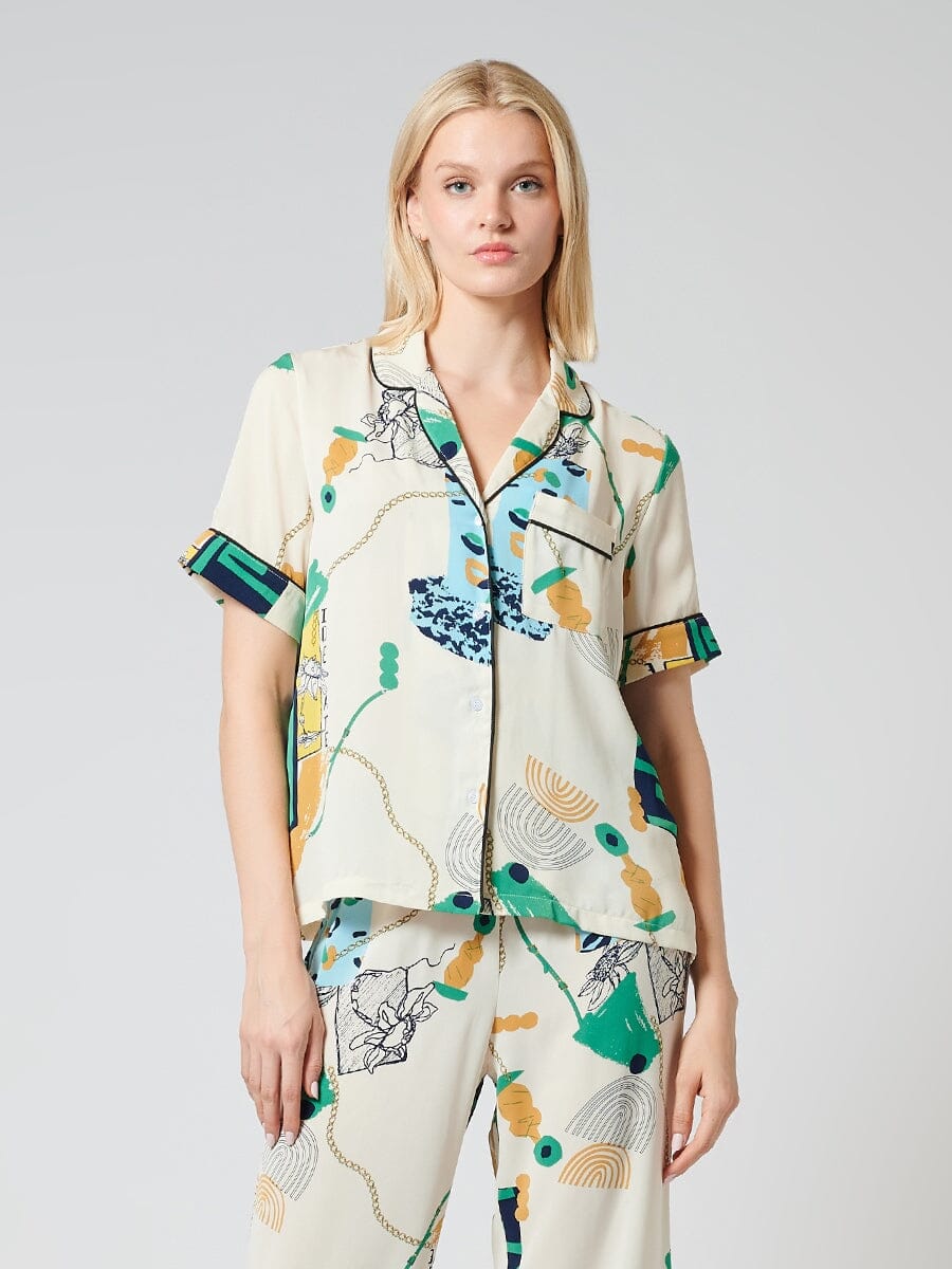 Printed Short Sleeves Pajama Top SET Gracia Fashion BEIGE S 