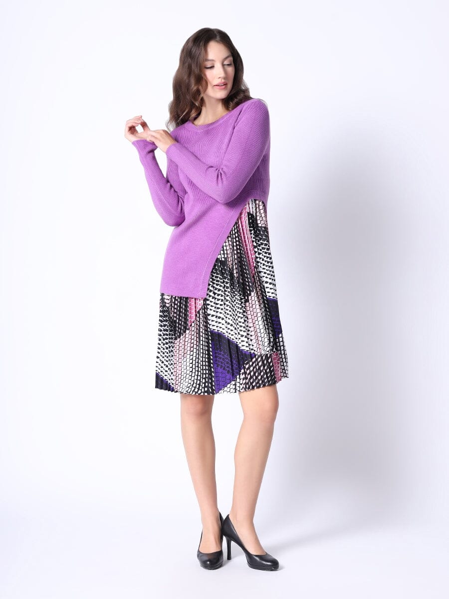 Ribbed Top Layered w/ Printed Pleated Underdress DRESS Gracia Fashion PURPLE S 