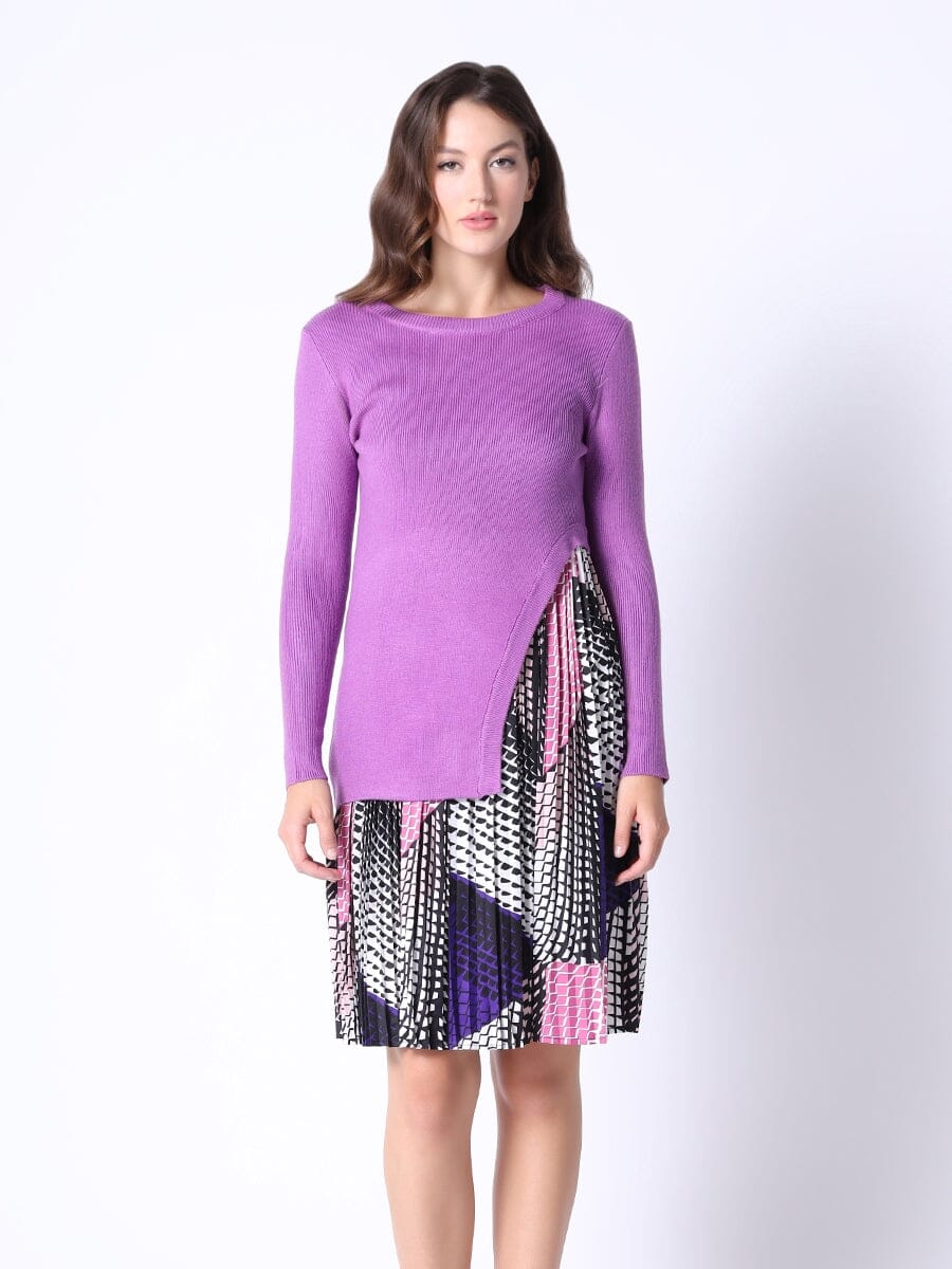 Ribbed Top Layered w/ Printed Pleated Underdress DRESS Gracia Fashion PURPLE S 