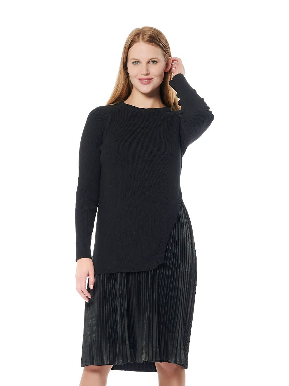 Ribbed Top Layered with Pleated Underdress DRESS Gracia Fashion BLACK S 