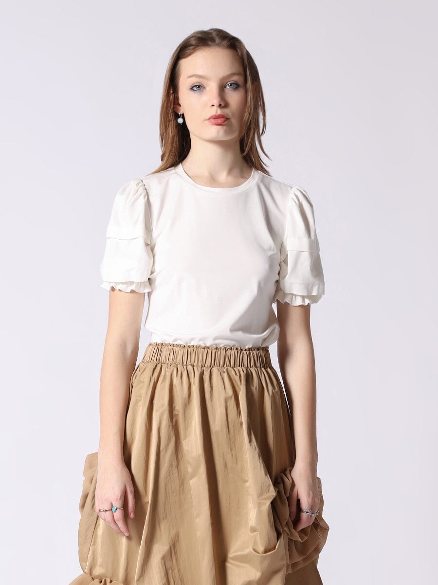 Round Neck Puff Sleeve Top with Frill TOP Gracia Fashion WHITE S 