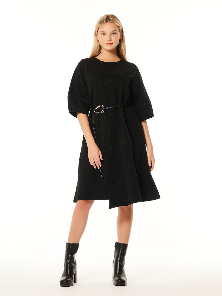 Round Neck Short Sleeve A-line Belted Denim Dress DRESS Gracia Fashion BLACK DENIM S 