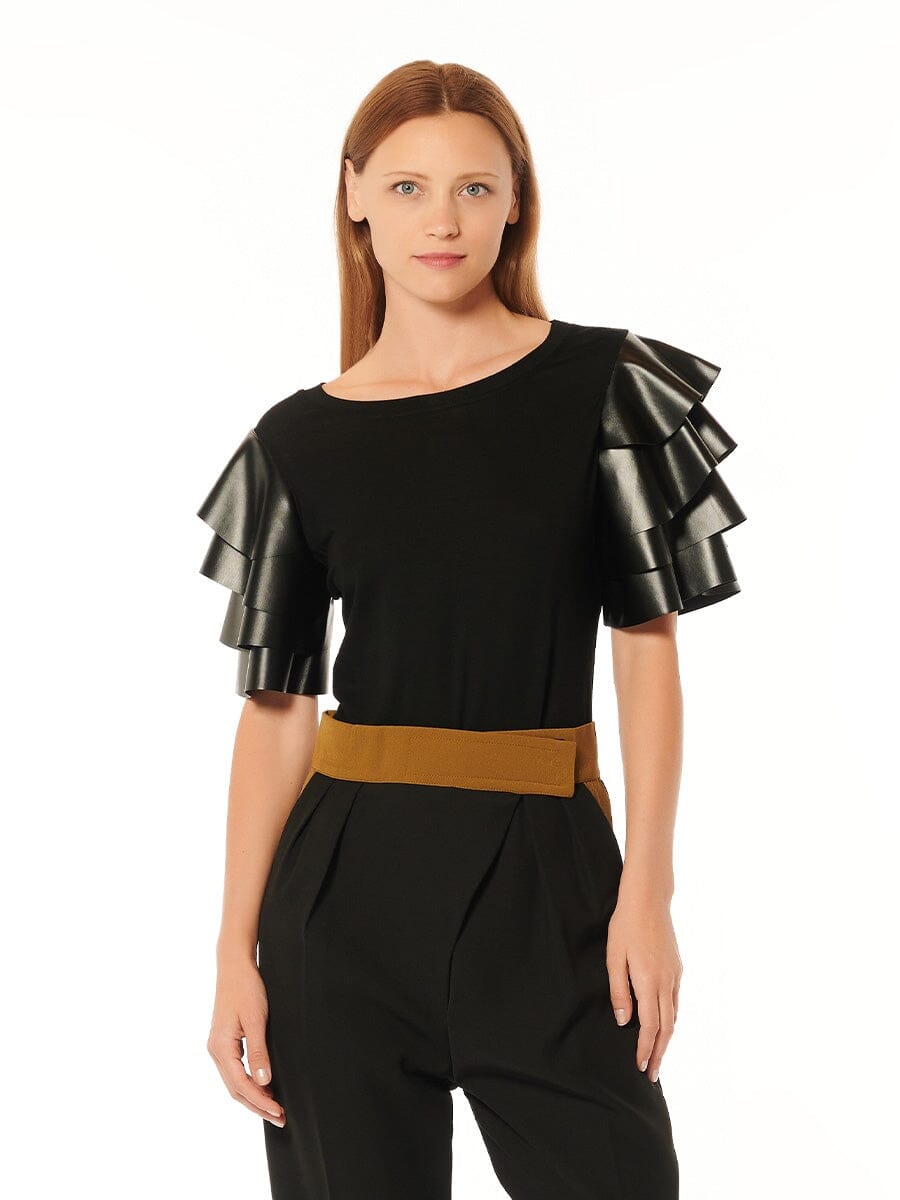 Ruffles Pleather Tiered Short Sleeve Top TOP Gracia Fashion BLACK S 