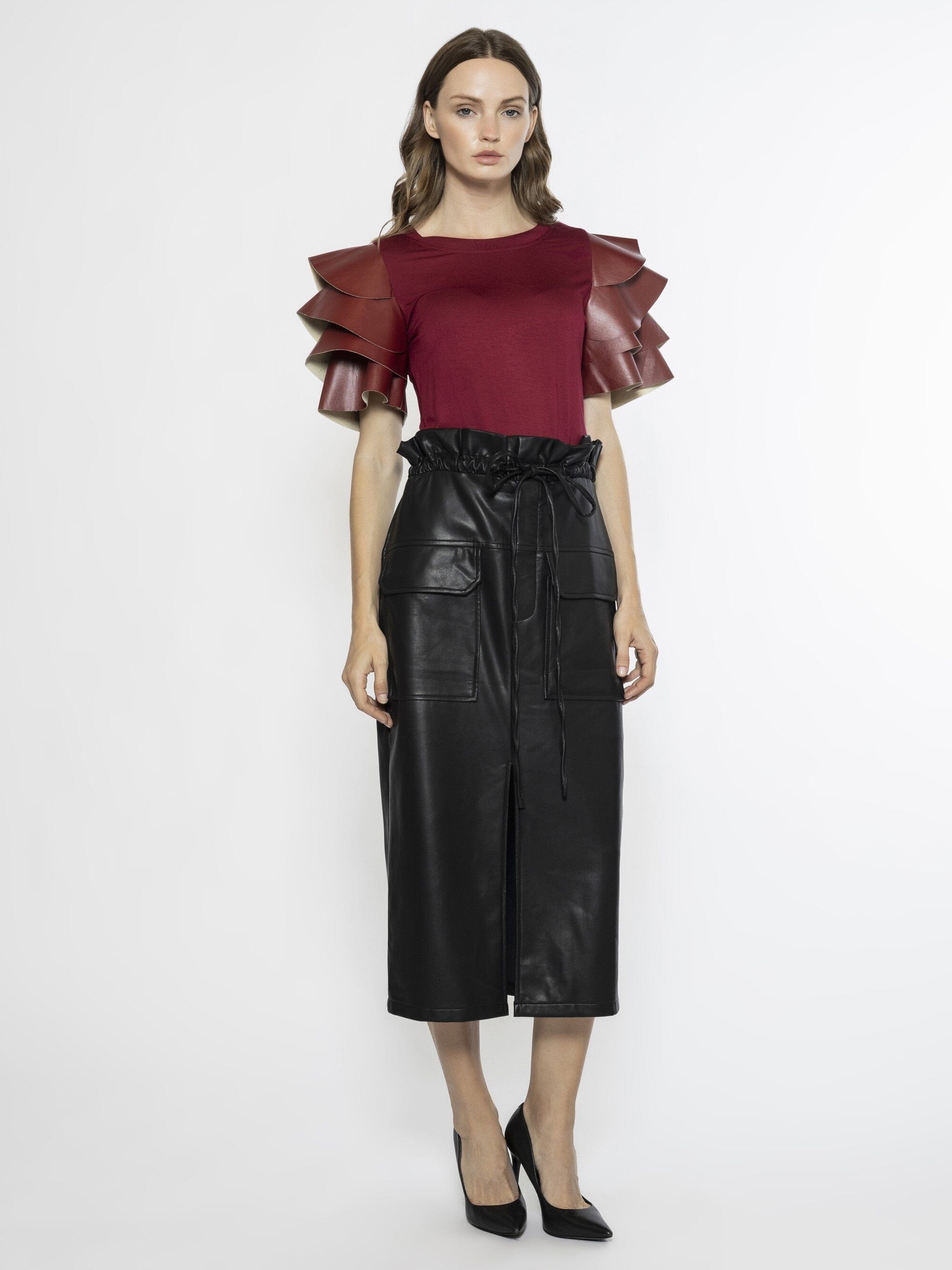 ruffles-pleather-tiered-short-
