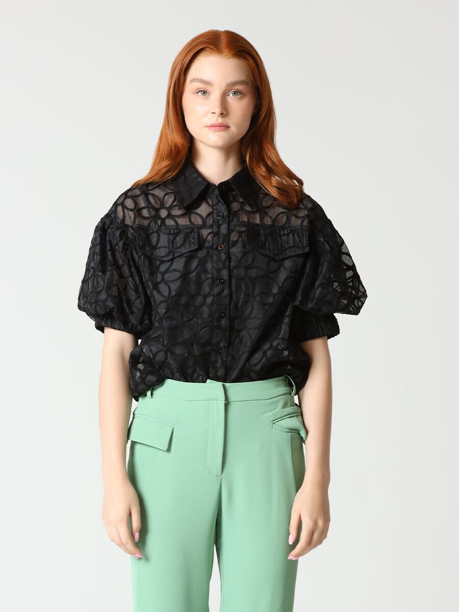 Sheer Flower Pattern Puff Sleeves Collor Shirt TOP Gracia Fashion BLACK S 