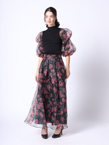 Sheer Rose Print Long Skirt SKIRT Gracia Fashion BLACK/RED S 