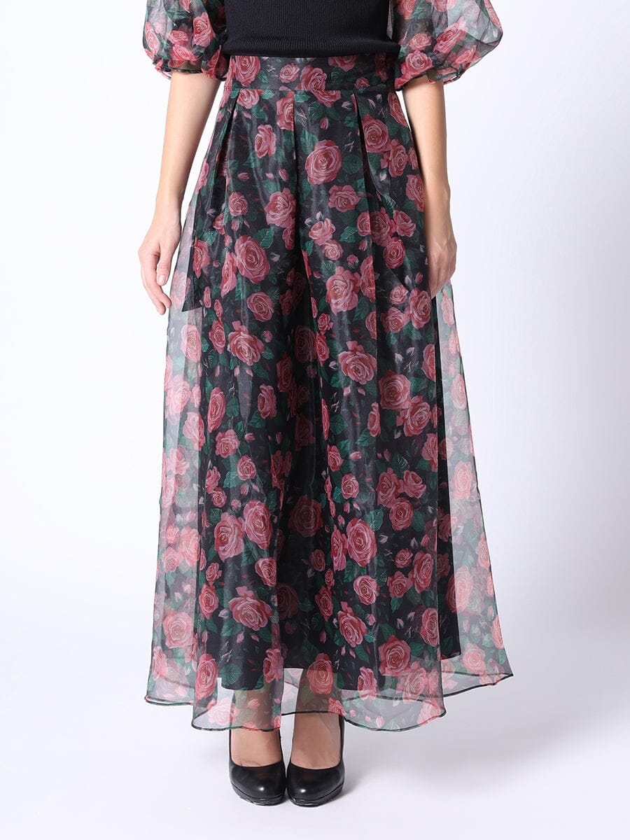 Sheer Rose Print Long Skirt SKIRT Gracia Fashion BLACK/RED S 