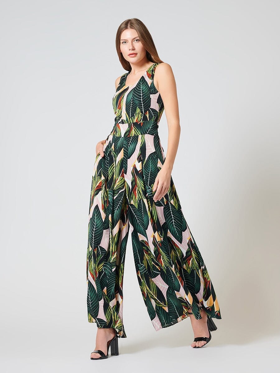 Sleevless Wide Leg Tropical-Print Jumpsuit JUMPSUIT Gracia Fashion GREEN S 