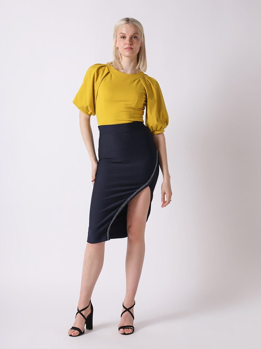 Split-Hem Spangled-Trim Bandage Bodycon Skirt SKIRT Gracia Fashion NAVY S 