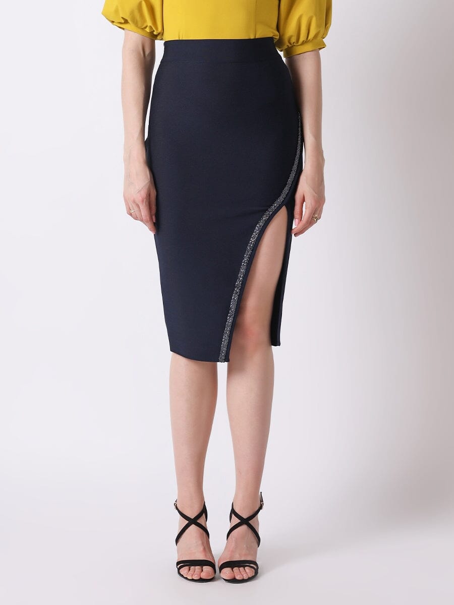Split-Hem Spangled-Trim Bandage Bodycon Skirt SKIRT Gracia Fashion NAVY S 