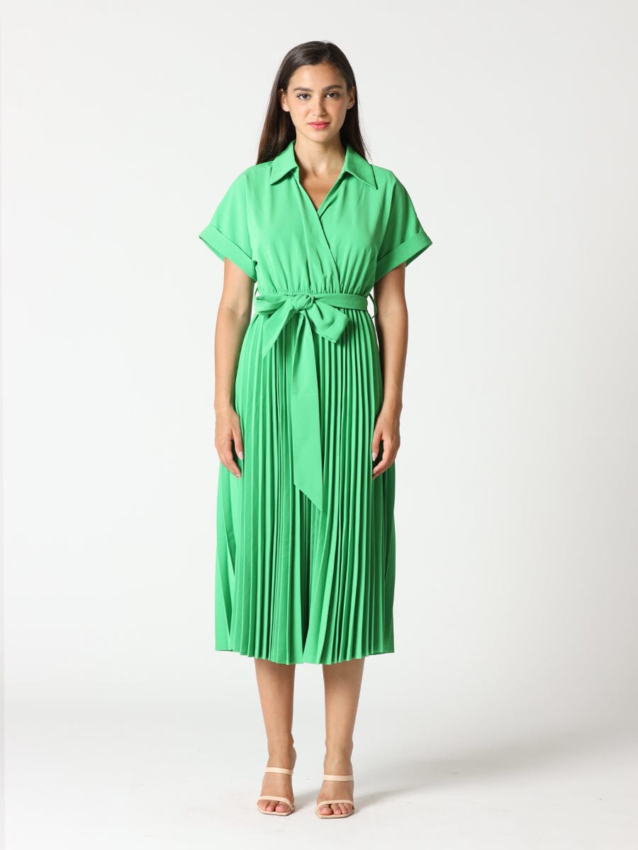 Surplice Shirt Pleats Dress w/ Waist Ribbon DRESS Gracia Fashion GREEN S 