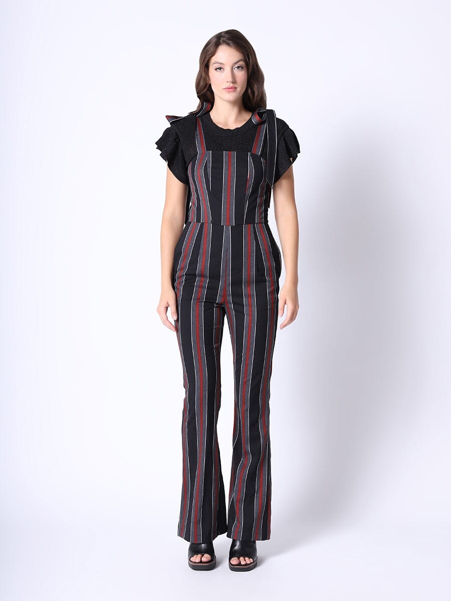 Tie-Shoulder Wide Leg Striped Overall Jumpsuit PANTS Gracia Fashion BLACK S 