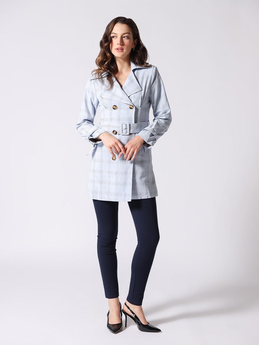 Trench Check Jacket With Cuffs And Waist Belt JACKET Gracia Fashion BLUE S 
