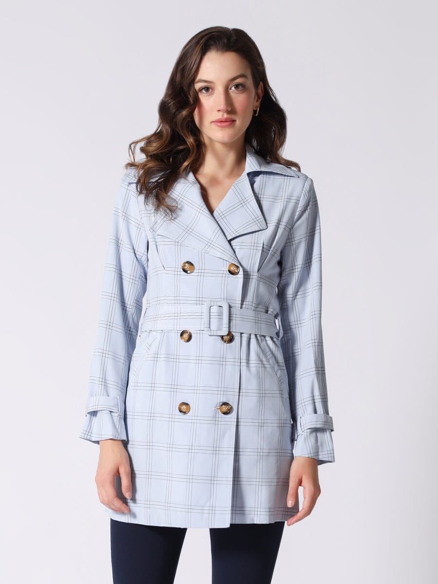 Trench Check Jacket With Cuffs And Waist Belt JACKET Gracia Fashion BLUE S 
