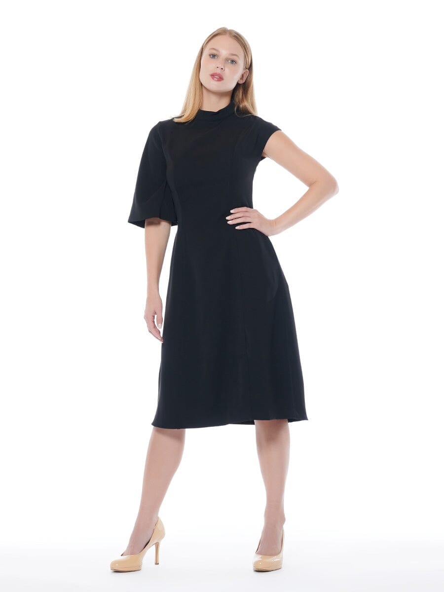 Trumpet One-Shoulder Mock Neck Midi Solid Dress DRESS Gracia Fashion BLACK S 