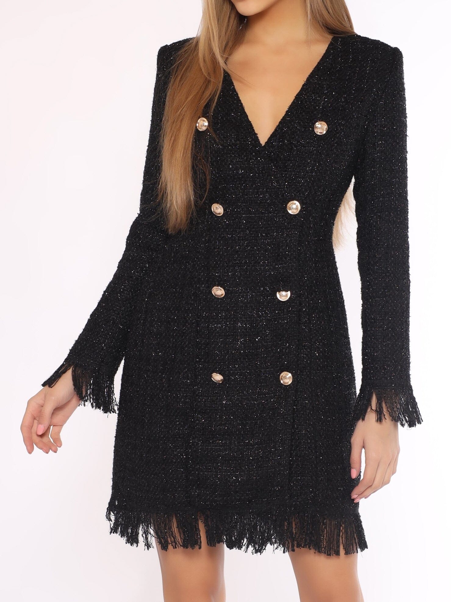 Tweed V neck Dress DRESS Gracia Fashion BLACK S 