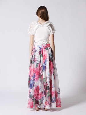 Watercolor Floral Printing Pleats Maxi Skirt - Gracia Fashion