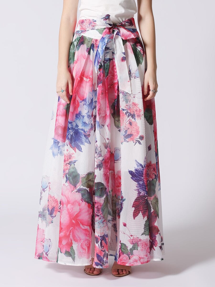 Watercolor Floral Printing Pleats Maxi Skirt SKIRT Gracia Fashion PINK S 