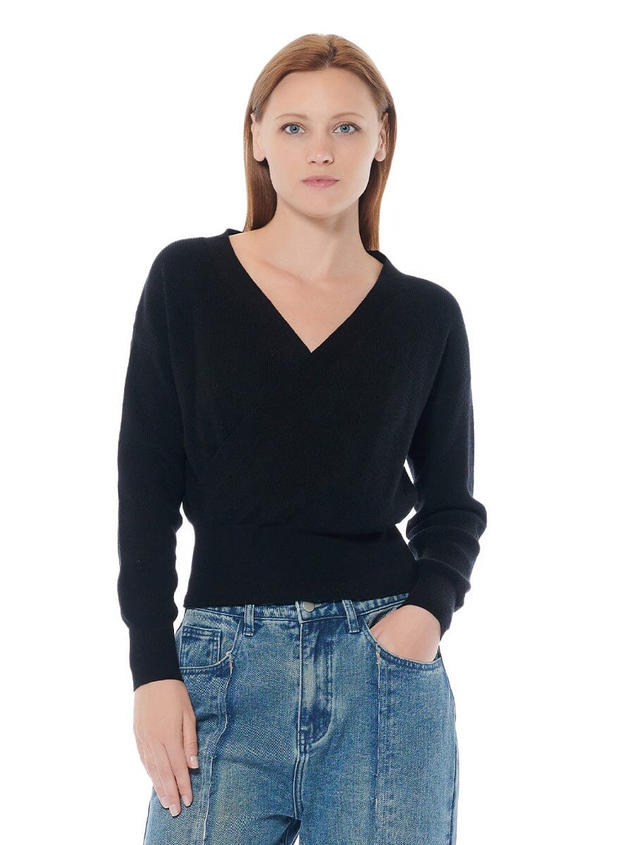 Wrap Knit Solid Sweater Top SWEATER Gracia Fashion BLACK S 